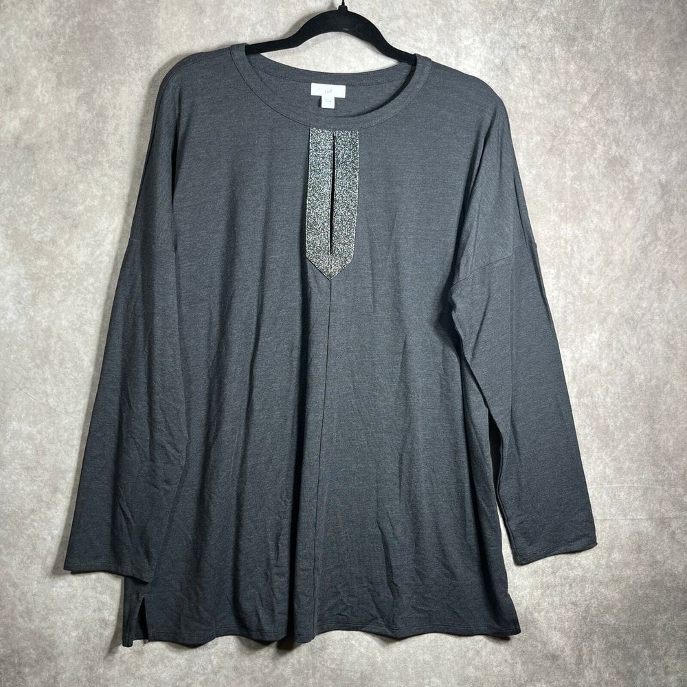 J.‎ Jill Tunic Top Womens Large Gray Metallic Keyhole Neck Long Sleeves Casual